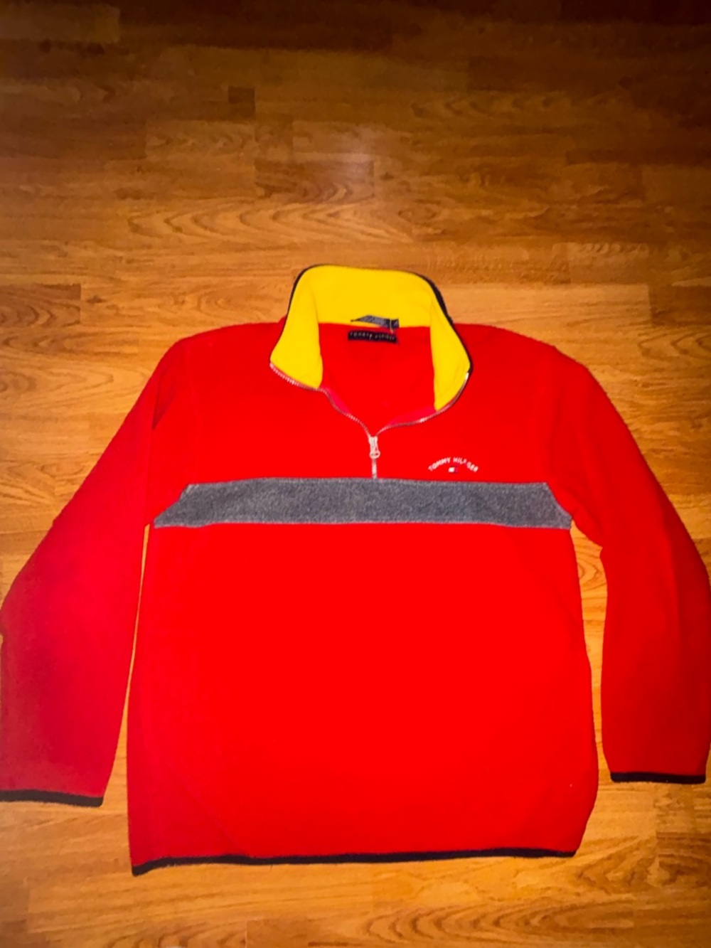 Tommy Hilfiger Men’s Red Zip-Up Sweater with Yellow Collar and Gray Stripe